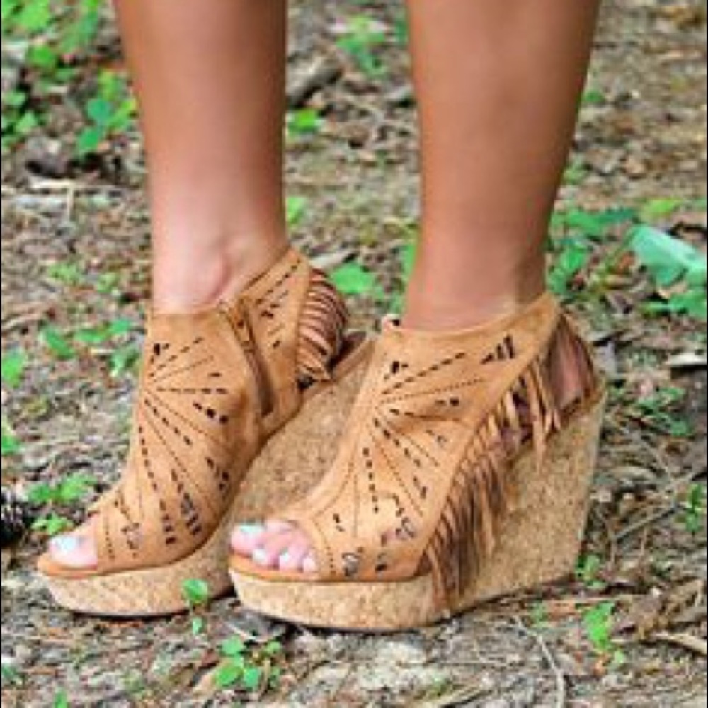 Tan Boho Chic Fringe Wedge Sandal